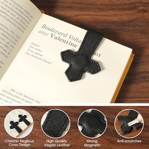 KINIVA Leather Magnetic Bookmarks for Women Men Book Lovers, Page Markers Gifts for Bible Students Teachers Reading (Cross-Black-2pcs) - style: Cross-Black-2pcs