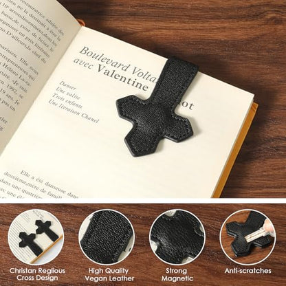 KINIVA Leather Magnetic Bookmarks for Women Men Book Lovers, Page Markers Gifts for Bible Students Teachers Reading (Cross-Black-2pcs) - style: Cross-Black-2pcs