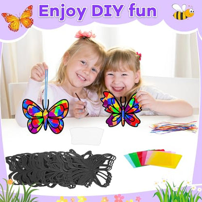 Lonfliness 32 Sets Butterfly Suncatcher Craft Kit DIY VBS Window Stain Glass Effect Paper Butterfly Sunday School Classroom Decors Spring Easter Art Craft Creative Activity Project Kid Gift Favor - style: Butterfly