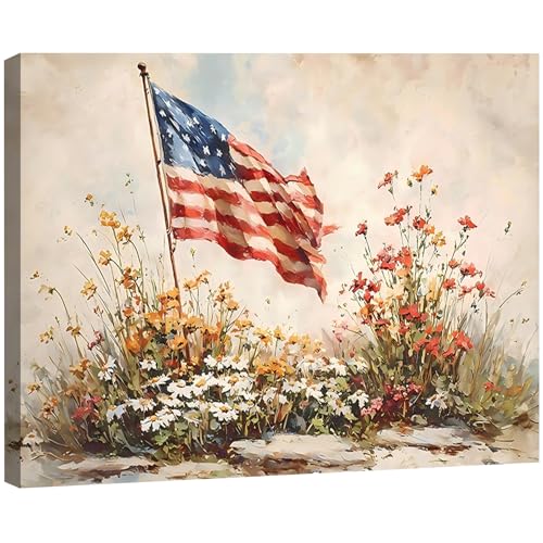 RIBNTAK Large American Flag Wildflower Canvas Art 24x36in, 4th of July Patriotic Paintings Prints Pictures, Vintage Farmhouse Wall Decor for Living Room, Bedroom & Home Decor, Made in USA - color: Picture 1, size: 24"L x 36"W