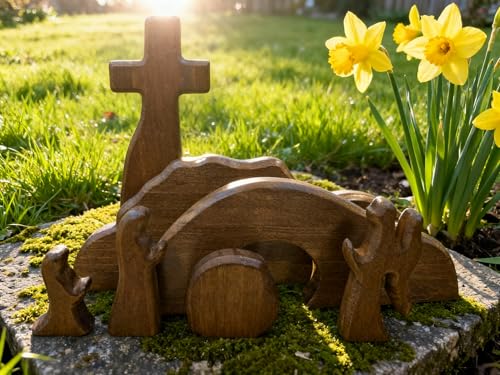 DZX The Empty Tomb Easter Scene and Cross, Wooden Easter Resurrection Scene Cross Jesus Tomb Tray Set, Jesus Nativity Scene Decor for Religious,Christian Gifts,Home Office Tabletop. (A)