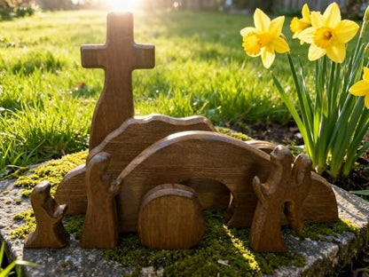 DZX The Empty Tomb Easter Scene and Cross, Wooden Easter Resurrection Scene Cross Jesus Tomb Tray Set, Jesus Nativity Scene Decor for Religious,Christian Gifts,Home Office Tabletop. (A)