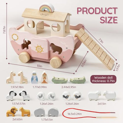 Joyreal Pink Wooden Noah's Ark Toy for 1 Year Old Baby Girl Baptism Gifts - color: Pink
