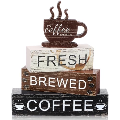 Geelin 4 Pcs Coffee Bar Decor Wooden Table Coffee Signs Blocks - style: Coffee