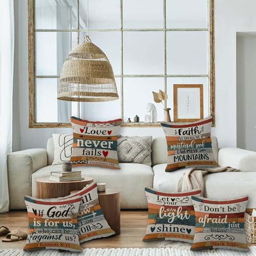 Scripture Art Vintage Linen Throw Pillow Case, 18 x 18 Inch Set of 6, Christian Decor, Christian Gift, Church Gifts, Inspirational Gift, Scripture Sayings Jesus Verse Cushion Cover for Sofa Couch Bed - color: Christian 2