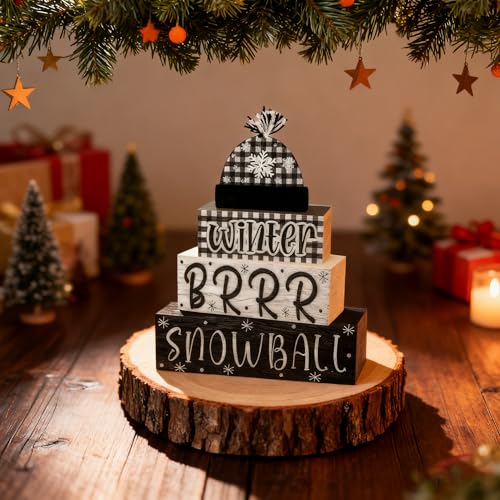 4 Pcs Christmas Decorations Indoor - Wooden Snowball Table Decoration for Home - Christmas Centerpiece For Table - Winter Tiered Tray Decor Rustic Farmhouse Xmas Gift for Home Kitchen Mantel - style: Blac-Hat