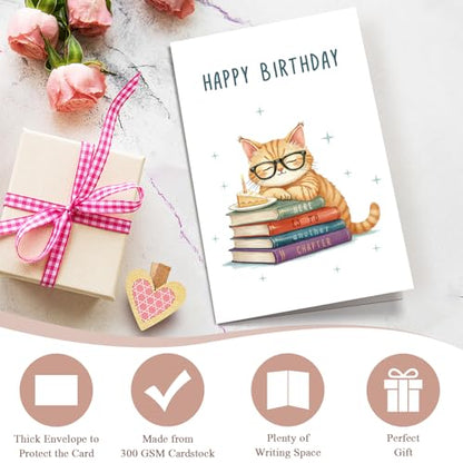 Cute Birthday Card for Cat Lover, Funny Birthday Card for Sister Brother Best Friend Family, Book Bday Card for Men Women, Here Is To Another Chapter - color: Cat Birthday