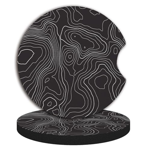 Black Contour Map Cute Cup Holder Coasters,Car Coasters for Cup Holders,Cute Car Accessories for Women Interior, 2 Pack Absorbent Universal Neoprene Car Coasters with Finger Slot - color: Black Contour Map