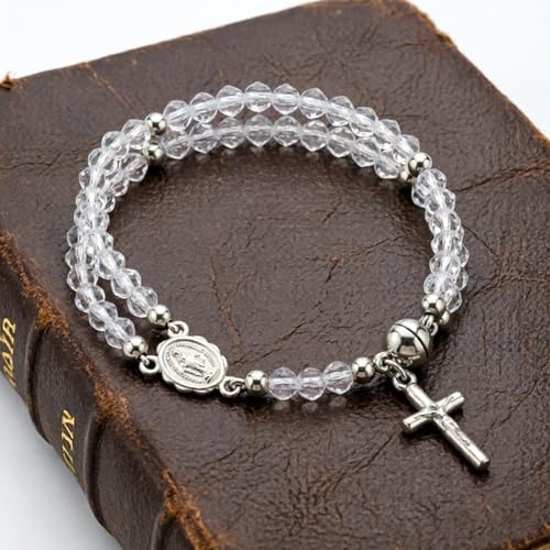 Cross Rosary Bracelet for Women Handcrafted Crystal Virgin Mary Cross Beaded Bracelets Christian Faith Link Bracelets Crucifix Religious Christian Faith Jewelry - color: White