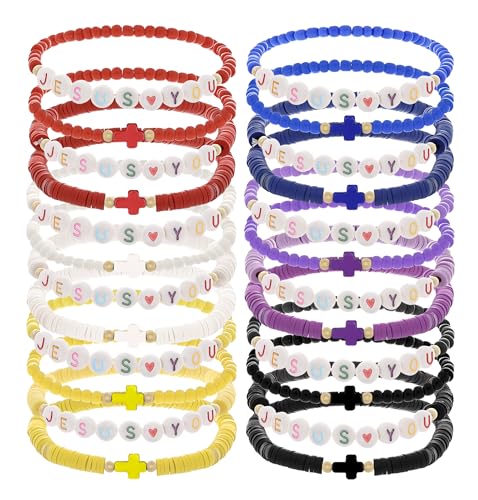 24Pcs Jesus Loves You Bracelets Bulk Handmade Clay Beads Bible Verse Bracelets Christian Friendship Jewelry Christmas Easter Gifts for Women Teen - color: Jesus 24-3