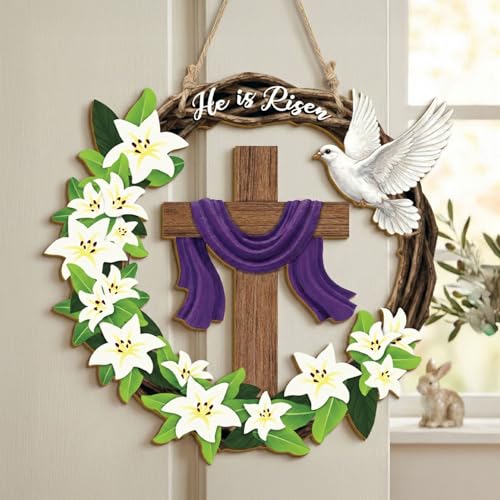 He is Risen Easter Wreath, Wooden Christian Cross Door Decor with Lily Flowers & Dove, Faith-Inspired Easter Hanging Sign for Front Door, Wall, Farmhouse Spring Decor