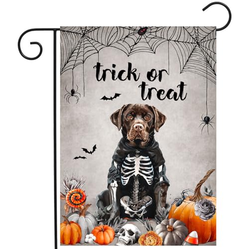 Halloween Chocolate Lab Garden Flag Trick or Treat Yard Flag Ghost Labrador Dog Garden Flags for Outside 12x18 Double Sided Mini Skeleton Halloween Decor Outdoor Lawn Welcome Flag - color: halloweenchocolate