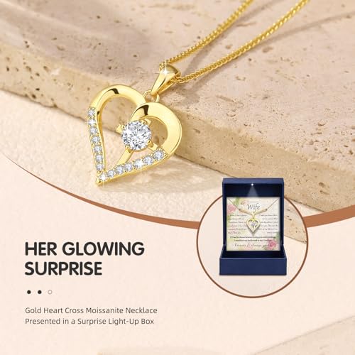 Moissanite Cross Necklace for Women in Light-Up Gift Box Heart Cross Jewelry 1CT Pendant for Women Gift Ideas for Wife Valentines Day Anniversary Birthday (S925 Sterling Silver/18K Real Gold Filled) - style: Gold with Card