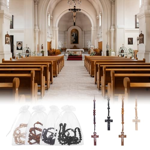 Wooden Rosary Beads Bulk,Wood Rosarios Catolicos with Jesus Holy Cross,First Communion Rosary Bulk Wooden Rosaries in Bulk With Organza Bags Rosary Catholic Baptism Church Present for Men Women - color: 48 pcs