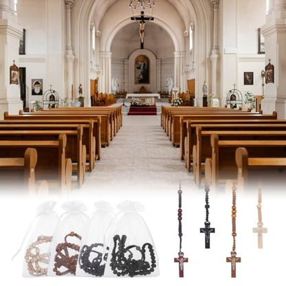 Wooden Rosary Beads Bulk,Wood Rosarios Catolicos with Jesus Holy Cross,First Communion Rosary Bulk Wooden Rosaries in Bulk With Organza Bags Rosary Catholic Baptism Church Present for Men Women - color: 48 pcs