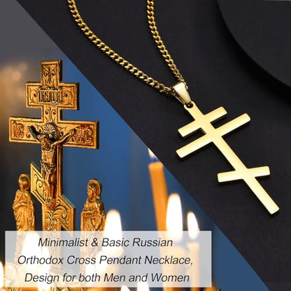 Men's Orthodox Cross Pendant Necklace - Trendy Religious Cross Chain,Hypoallergenic Waterproof Stainless Steel Christian Long Necklaces,Non Tarnish Byzantine Cross Symbol Pendants Necklace for Him - color: Gold+Silver