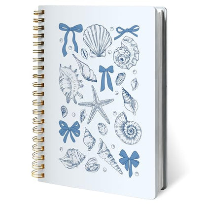 Blue Coastal Beach Notebook Journal, Coquette Bow Seashell Starfish Notebooks for Work, Preppy Beach Journal, Ocean Aesthetic Hardcover Spiral Notebook 5.5x8.3 Inch - color: Color-3
