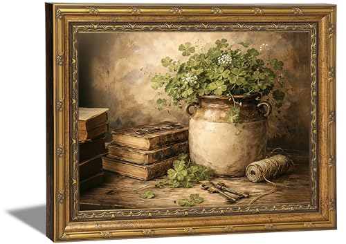 Vintage Gold Framed Wall Art Moody Dark Academia Clover Still Life - Canvas Painting Antique Books Skeleton Keys Picture Wall Decor, Study Room Home Office Gift, 16x24in - color: Clover, size: 24"L x 16"W