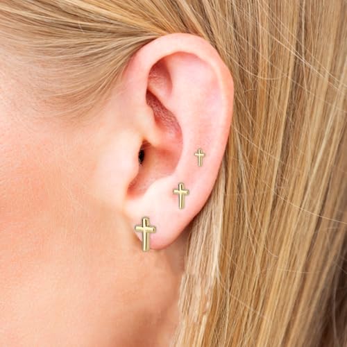 3pcs Cross Stud Earrings, 3 Size Flat Back Cross Stud Cartilage Piercing Jewelry for Women Men - color: Gold