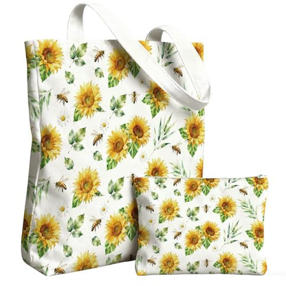 2 Pack Canvas Tote Bag with Makeup Zipper Pouch Colorful Polyester Printed Reusable Shopping Bags for Women - style: Sunflower