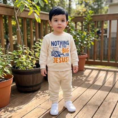 Kupretty Baby Boy Clothes Dad's Little Dude Sweatshirt Pants Set - color: Nothing is Too Big for Jesus-beige, size: 18-24 Months