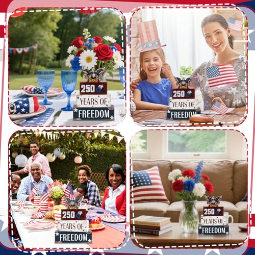 4 Pcs 250th Anniversary 4th of July Table Decorations Eagle Patriotic Wooden Block Signs Memorial Day Tiered Tray Decor Red White Blue Table Centerpieces Independence Day Decorations for Home Office Shelf - style: Eagle