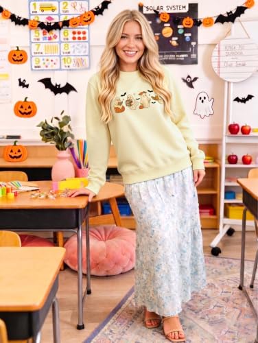 Teacher Halloween Sweatshirt Women Cute Ghost Reading Books Tops - color: A-apricot, size: Large