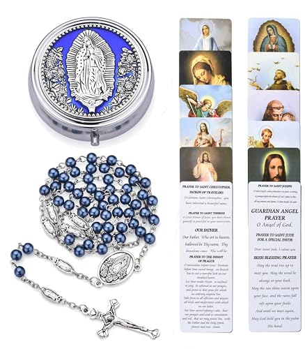 Guadalupe Rosary Beads for Women with Metal Box and 18pcs Holy - color: -Blue