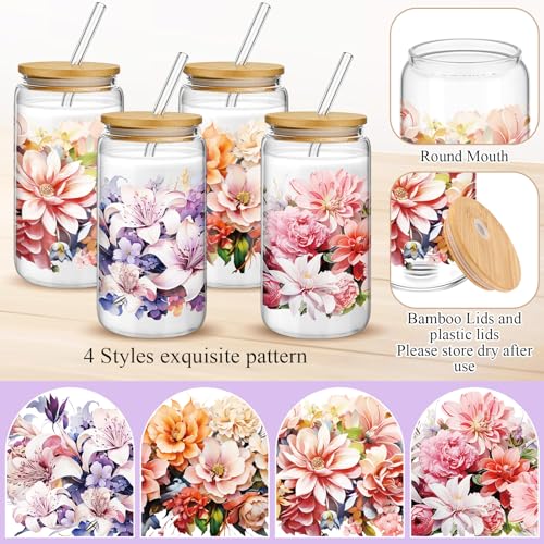 Mumufy 4 Pack Bloom Floral Glass Cup, 16 oz Tumbler Mug with Bamboo Lid - style: Bloom Floral