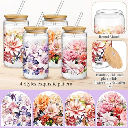 Mumufy 4 Pack Bloom Floral Glass Cup, 16 oz Tumbler Mug with Bamboo Lid - style: Bloom Floral