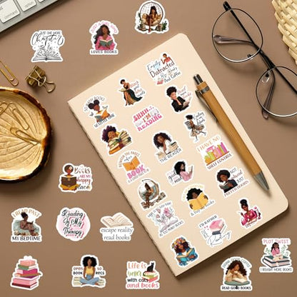 100 Pcs Black Women Reading Stickers Black Girl Sticker for Women - style: Black Women Reading
