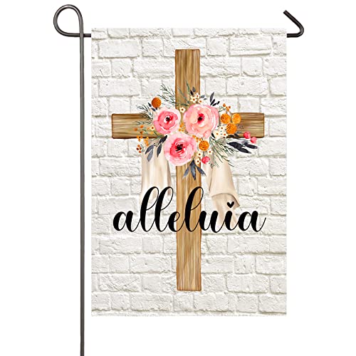 Easter Cross Garden Flag Alleluia He is Risen Religious Flags 12x18 Vertical Double Sided Spring Floral Cross Yard Flag Christian Holiday Yard Outdoor Decoration