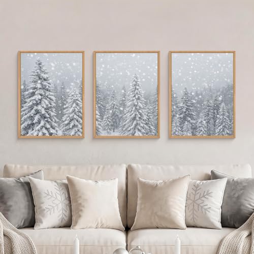 Snowy Christmas Tree Natural Woodland Framed Canvas Wall Art Set- 12"x16"x3 - color: Snowy Woodland Wall Decor, size: 12"L x 16"W
