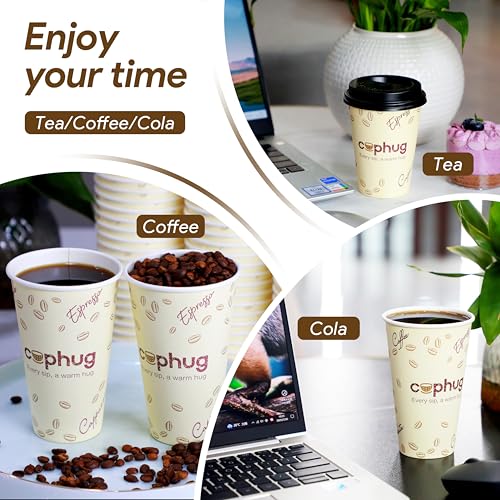 16oz Disposable Coffee Cups with Lids, Kraft Sleeves & Straws, 100 Pack Black Paper Hot Drink Cups - color: Yellow, size: 16oz-100Pack