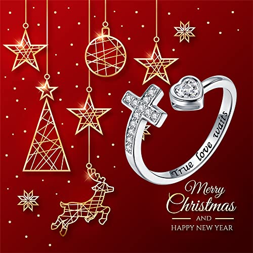 APOTIE 925 Sterling Silver Cross Ring - True Love Wait Purity Ring Cubic Zirconia Adjustable Ring Jewelry Gift for Women - style: True Love Wait