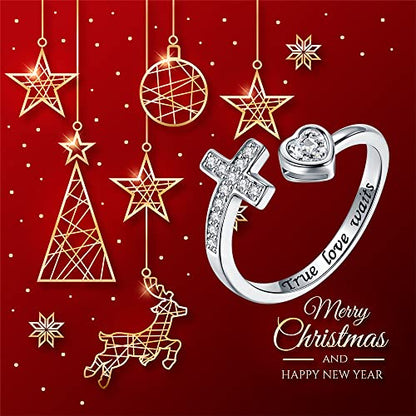 APOTIE 925 Sterling Silver Cross Ring - True Love Wait Purity Ring Cubic Zirconia Adjustable Ring Jewelry Gift for Women - style: True Love Wait