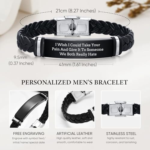 Leather Bracelet Sobriety Gifts for Men : Inspirational Quote/Bible Verse Engraved Braided Black Mens Bracelet for Him, Customized Religious Christian Gift Jewelry for Son/Dad/Boys/Boyfriend/Husband - style: 18:I Wish I Could Take Your Pain