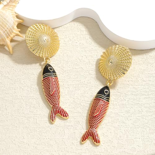 Creative Exaggerated Ocean Animal Drop Dangle Earrings for Women, Bohemia Style Alloy Lobster Octopus Fish Crab Earrings for Summer Beach Holiday Party Jewelry Gifts - style: Red Fish Earrings