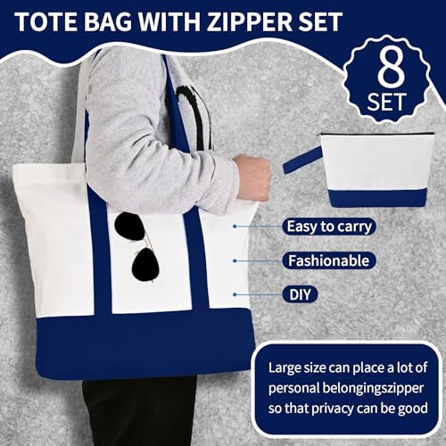 2-Pack Canvas Tote Bags and Makeup Bags, Cotton Zipper Bag, Navy Blue - color: Navy Blue/White