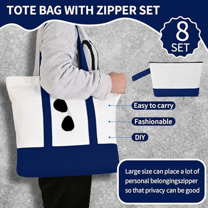 2-Pack Canvas Tote Bags and Makeup Bags, Cotton Zipper Bag, Navy Blue - color: Navy Blue/White