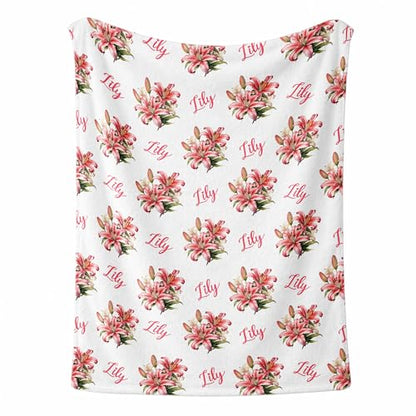 Personalized Floral Name Blanket, Custom Floral Name Design Lily, Soft Nursery Throw, Newborn Birthday Baptism Christening Keepsake - color: #Ver3