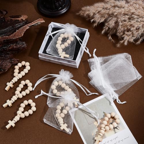 OLYCRAFT 36Pcs Wooden Rosary Beads with Cross Pendant 3.6 Inch Long Wooden Finger Rosary Bead with Cross Classic Mini Rosaries and Mesh Bags Natural Wood Beads for Guests Party Favors - color: Wood Color Cross
