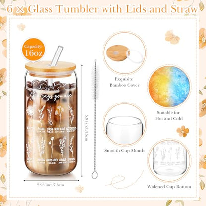 6 Pcs Christian Gifts for Women Christian God Says You Are Glass Tumblers Set 16oz Iced Coffee Cups with Lids Glass Straws Scripture Bible Verse Cups Gifts for Women