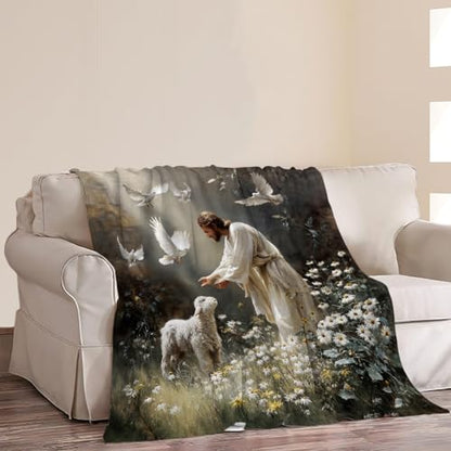 Jesus Lamb Blanket Christian Jesus Soft Cozy Throw Blanket Christ Religious God Super Plush Warm Stuff Lightweight Fleece Flannel Blankets Gifts for Women Girls Kids Adults 60"X50" - color: Green Jesus Lamb, size: 60"x50"