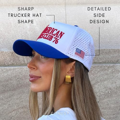 CITRUSY Athletic Trucker Golf Hat | Performance Mens 5 Panel Cap | Cool Breathable Waterproof Workout Running Snapback - color: American Sports Club | Blue