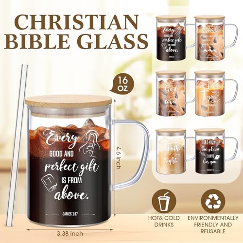 6 Pcs Christian Gift for Men Women 16 oz Glass Cup Gift Bulk with Handle with Lids and Straws Bible Vase Coffee Tumblers for Pastor Church Sunday School(Religious)