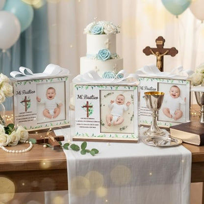 CJiangpo Spanish Baptism Picture Frame - 12 Set Catholic Mi Bautizo Gifts for Baby, Baby Shower Favor Cross Wood Photo Frame with Bows and Clear Plastic Boxes Religious First Communion keepsake - color: Eucalyptus Leaf