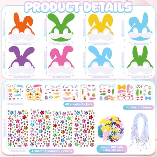 Funrous 48 Sets Crafts Kit Paper Crafts DIY Make Your Own Hanging Ornaments with Pompoms Diamond Stickers for Holiday Classroom Activities Party Favors, Easter Mask - style: Easter Mask
