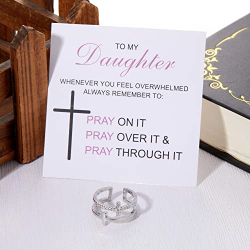 Harlermoon To My Daughter Pray Through It Cross Ring Double Cross Adjustable Baptism Gold CZ Diamond Creative Wedding Commitment Ring for Woman - color: silver&gold