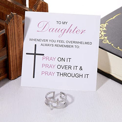 Harlermoon To My Daughter Pray Through It Cross Ring Double Cross Adjustable Baptism Gold CZ Diamond Creative Wedding Commitment Ring for Woman - color: silver&gold